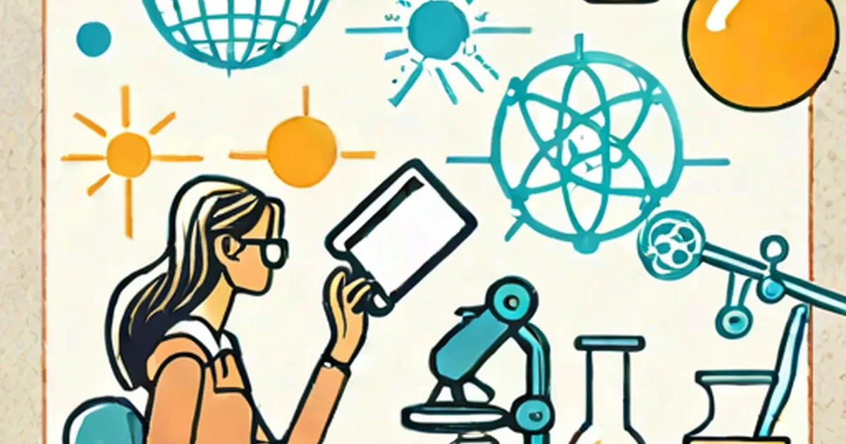 Student holding tablet surrounded by science icons including atoms, sun, and microscope