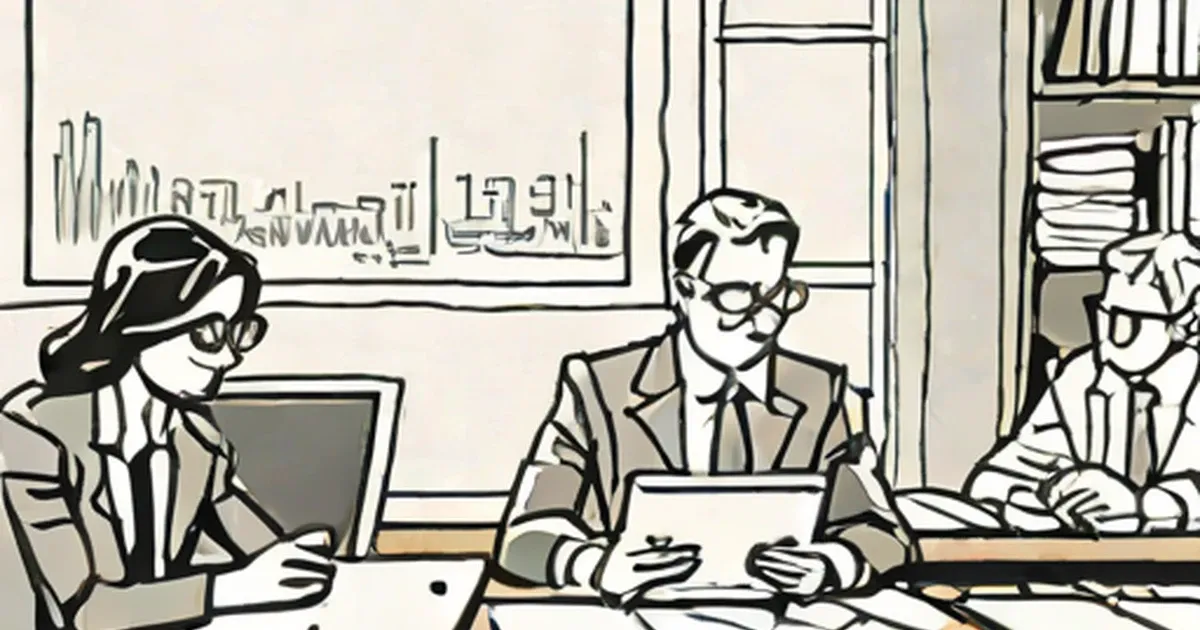 Illustration of three professionals in business attire working at a desk with laptops and papers