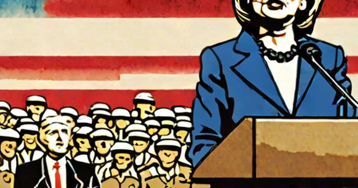 Woman in blue jacket speaking at podium with American flag and uniformed soldiers