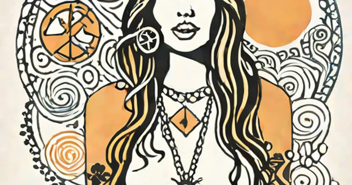 Illustrated woman with peace symbol jewelry surrounded by swirling patterns and flowers
