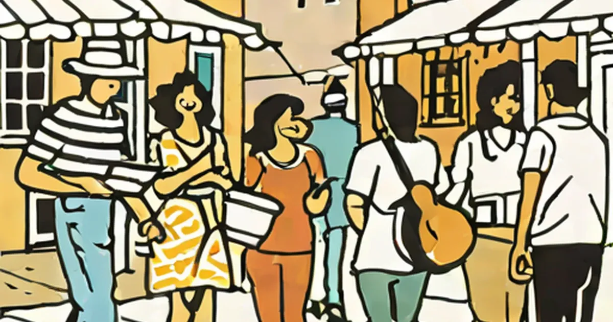 Illustrated gathering of people outside yellow colonial buildings, one holding a guitar