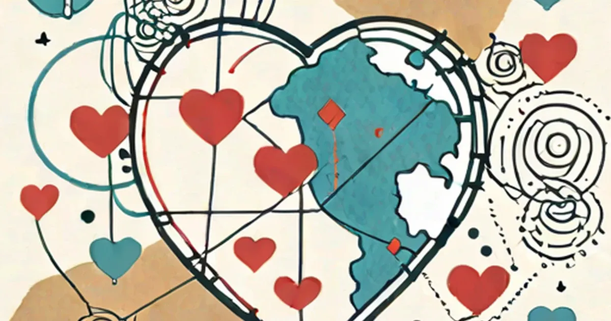 Red hearts and teal abstract shapes linked by interconnected lines