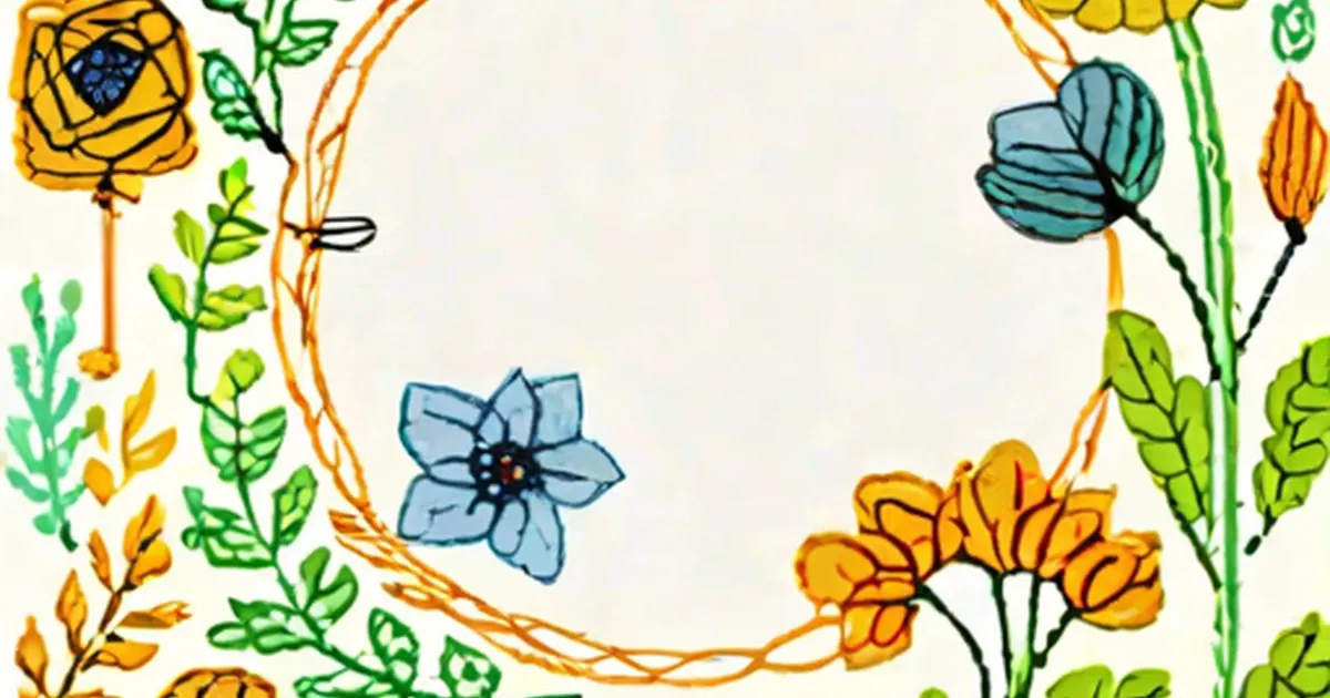 Embroidered flowers and green foliage in yellow, blue, and orange thread on cream fabric
