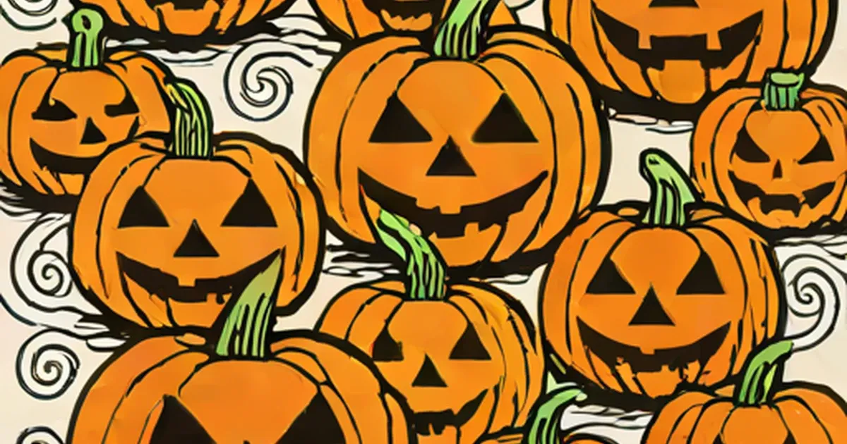 Orange pumpkins carved as jack-o-lanterns with varied facial expressions