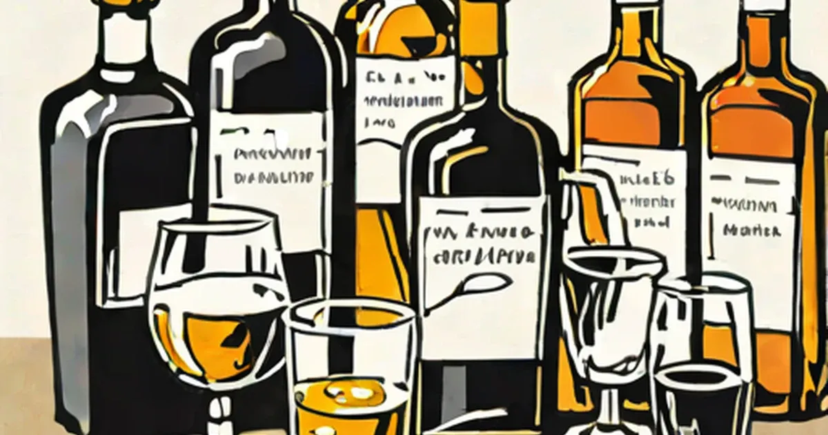 Collection of wine, beer, and spirit bottles with poured drinks in glasses