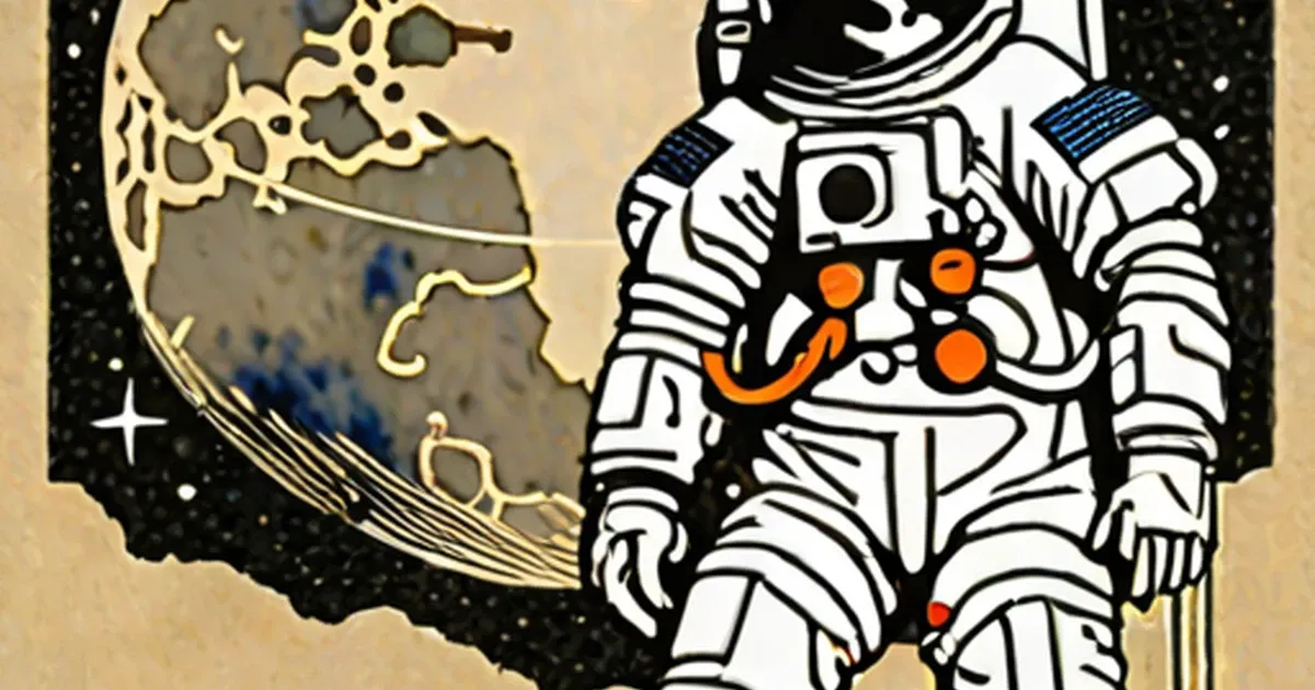 Cartoon astronaut in white spacesuit with smiley face beside Earth in dark space