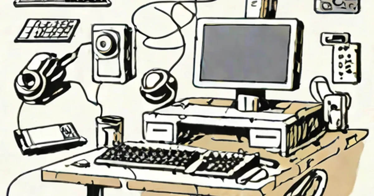 Illustration of assistive technology tools and accessibility devices arranged around a workstation