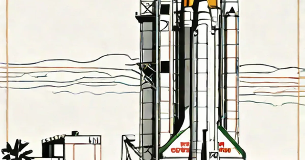 Rocket on launch pad with support gantry and service tower