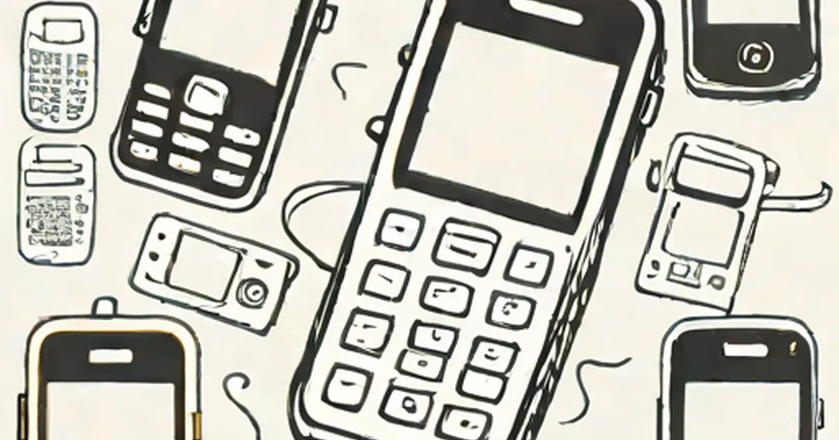 Sketched collection of early mobile phones including flip phones and basic devices