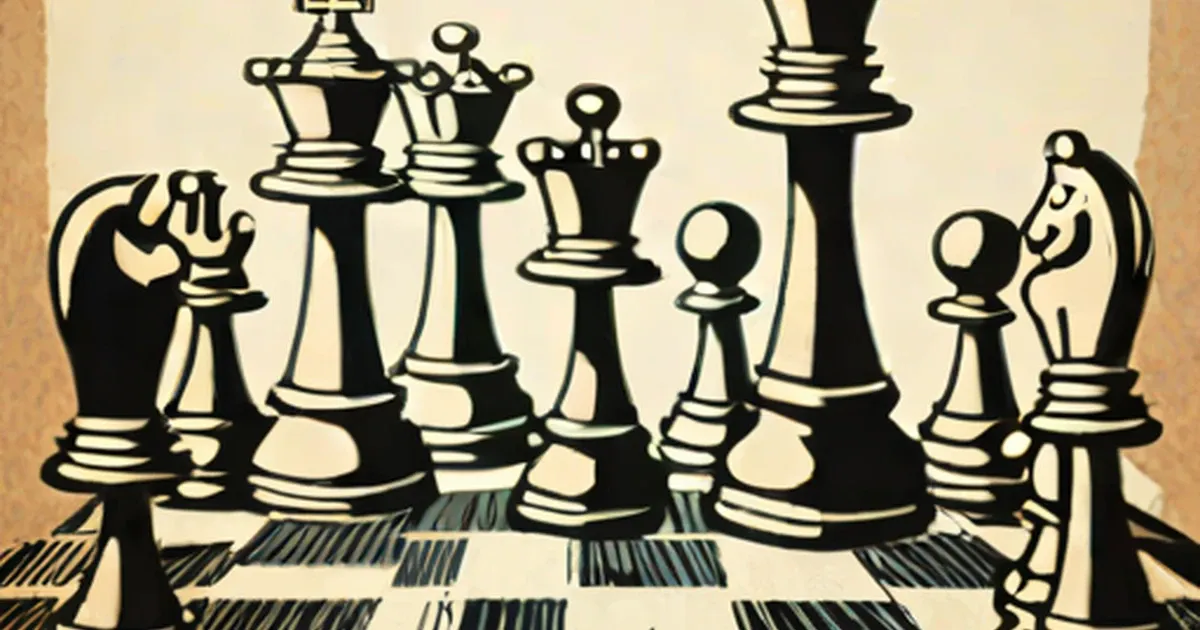 Black and white illustration of chess pieces on a checkered board