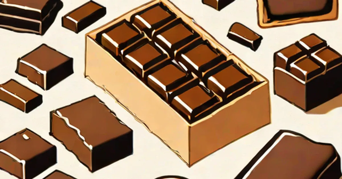 Segmented chocolate bar in open box, surrounded by loose pieces