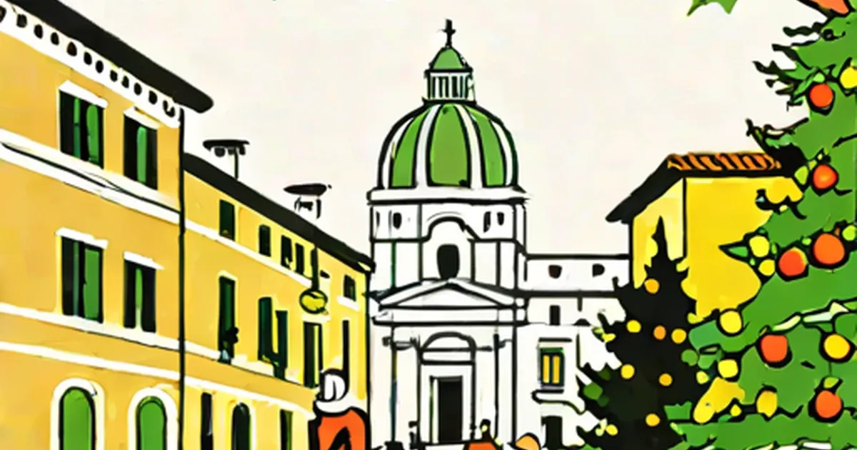 Yellow Italian buildings frame a church beside a decorated Christmas tree