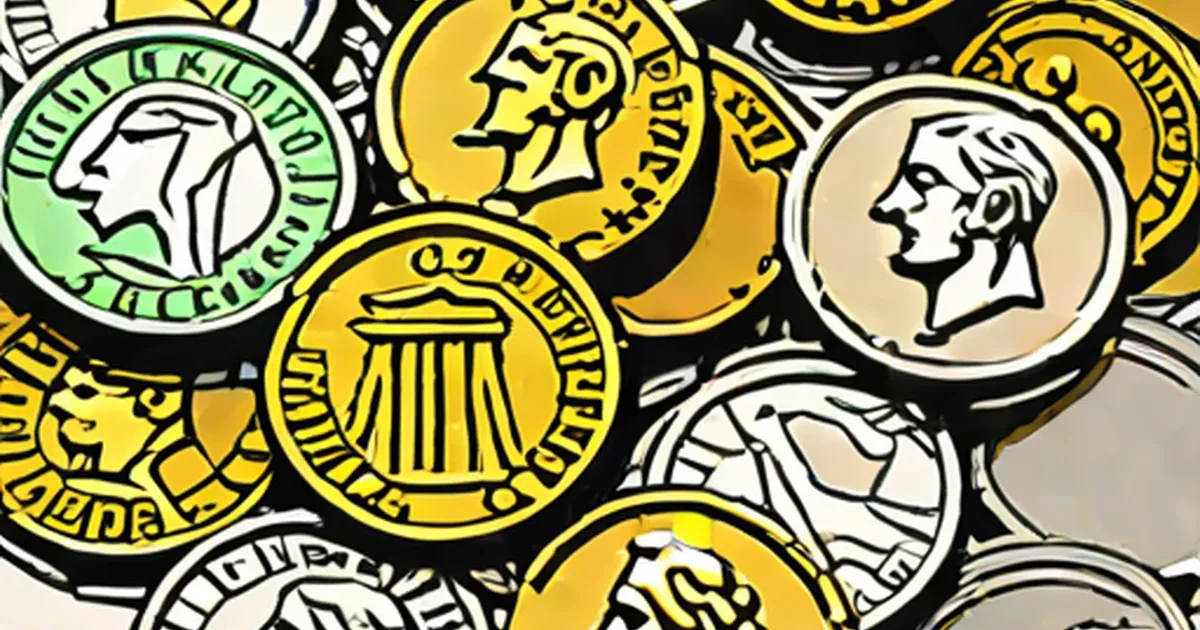 Illustrated coins featuring classical profile portraits and decorative architectural elements