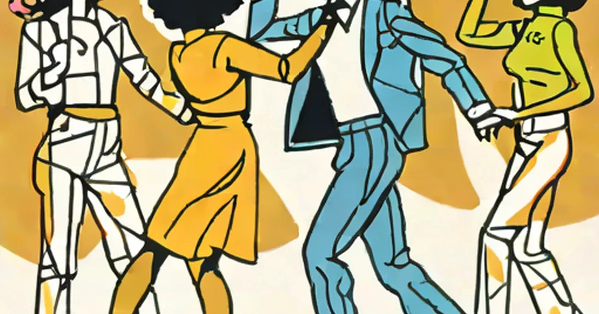 Retro line illustration of four people in colorful jumpsuits dancing