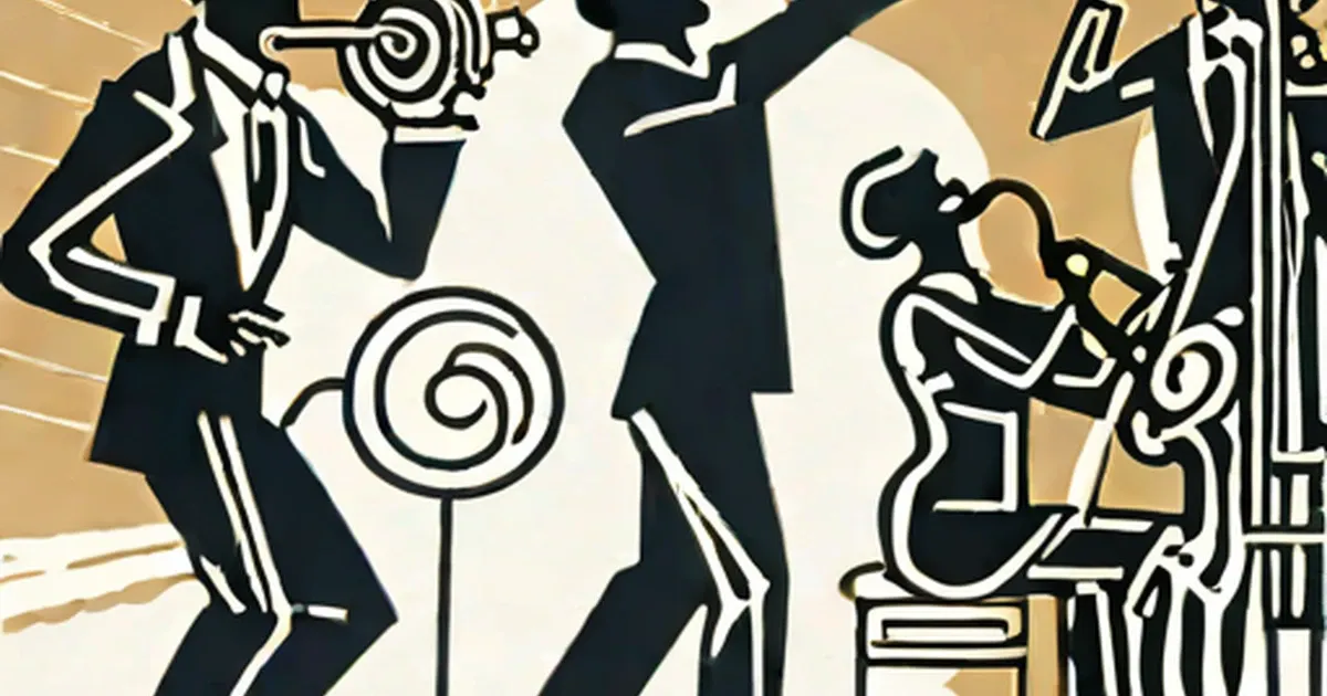 Jazz musicians and dancers depicted as black silhouettes in art deco style