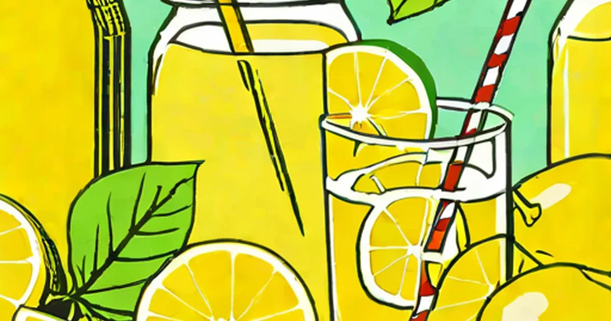 Illustrated lemonade in glasses with lemon slices and red-striped straws