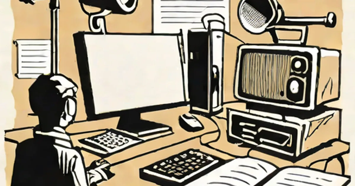 Person at desk surrounded by television, radio, computer, and newspapers