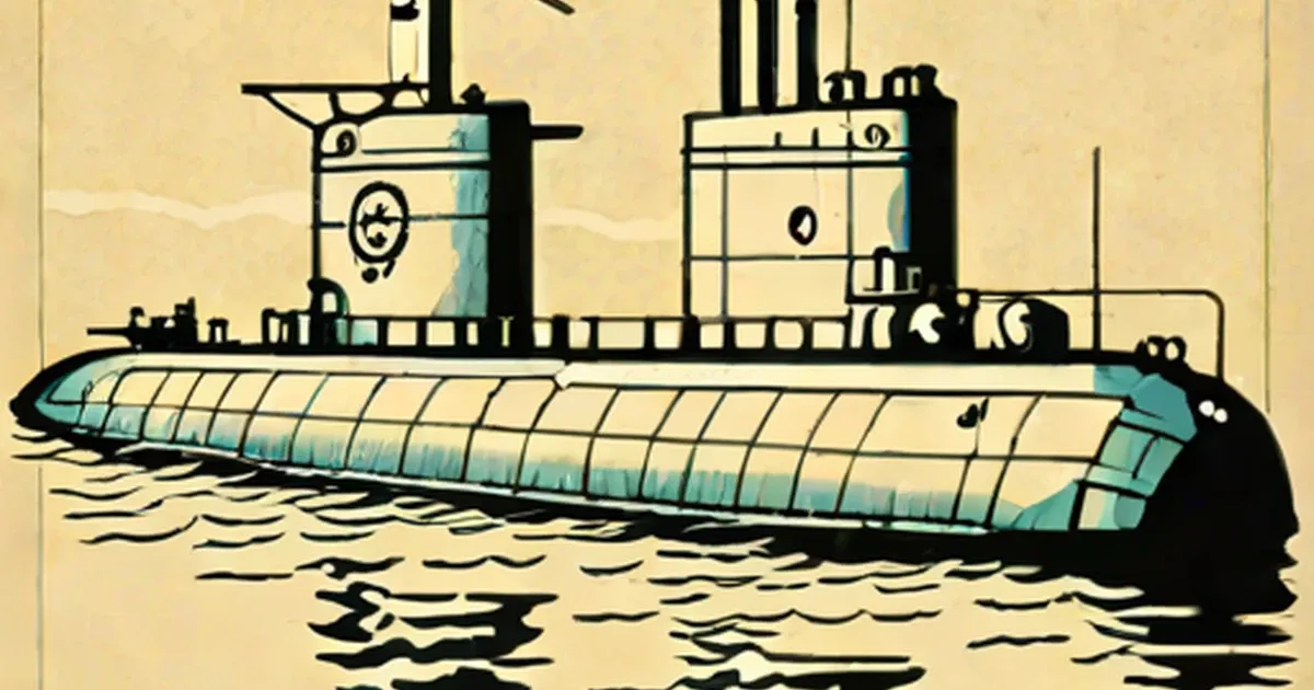 Nuclear submarine with conning towers depicted in retro line drawing