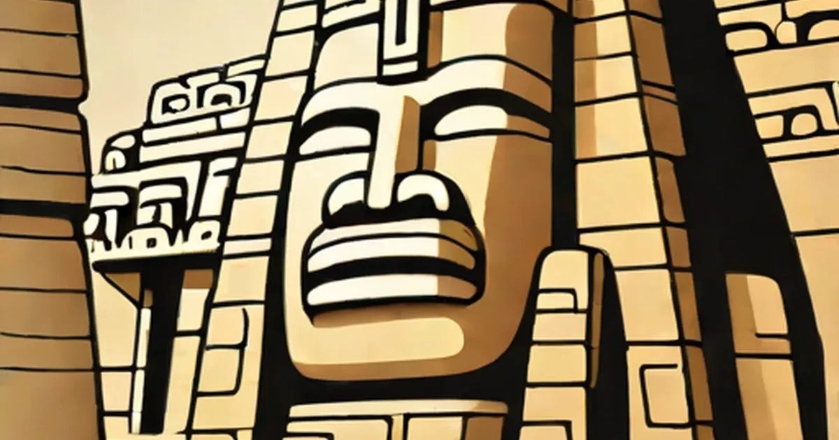 Stylized stone head with geometric patterns in brown and tan tones