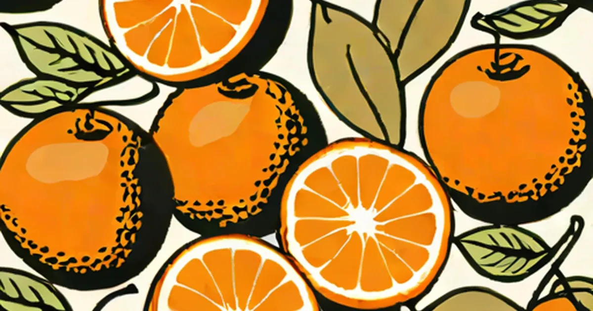 Illustrated whole and sliced oranges with green leaves