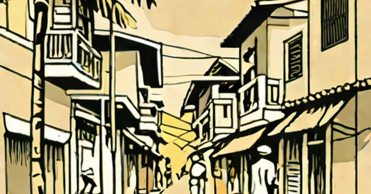 Philippine colonial street with wooden shuttered buildings and figures walking between them