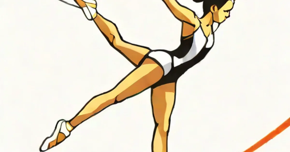 Illustrated rhythmic gymnast in a split pose wearing a black and orange leotard