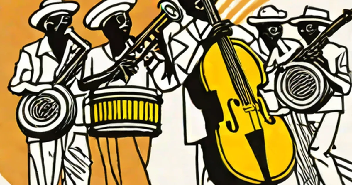 Musicians in white suits and hats play drums, strings, and percussion against an orange background
