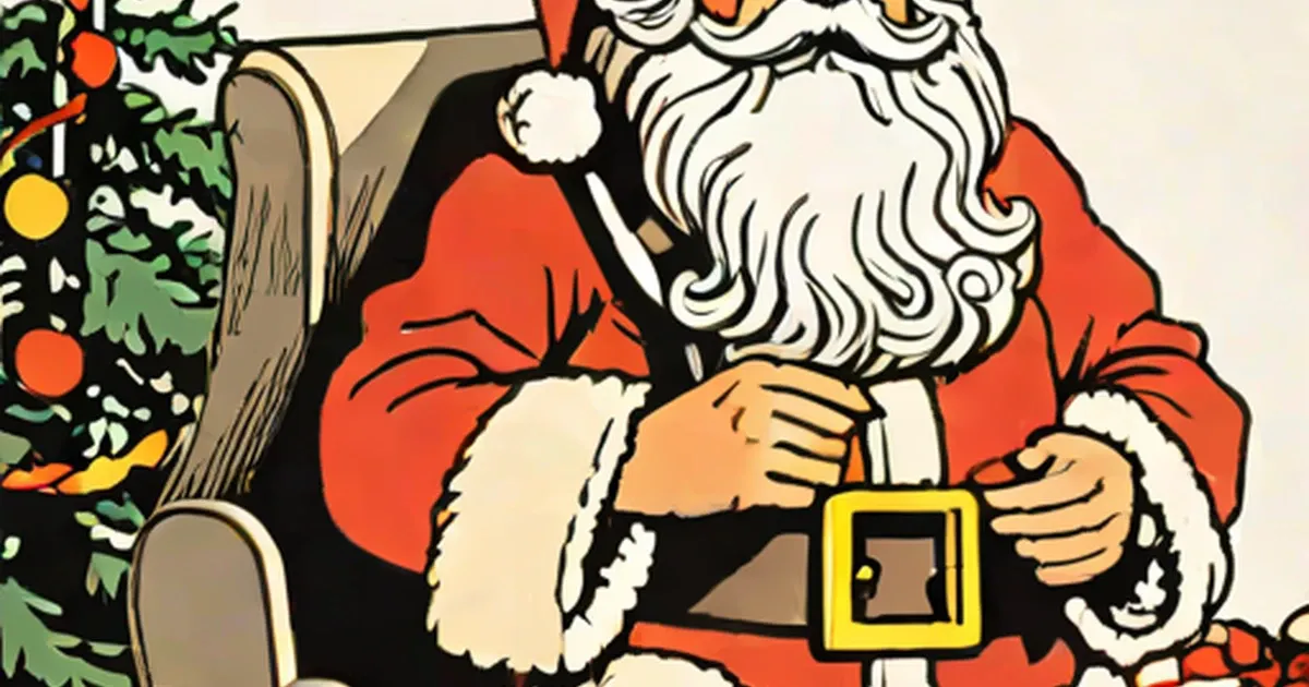 Santa Claus in red suit with white beard sitting beside a decorated Christmas tree