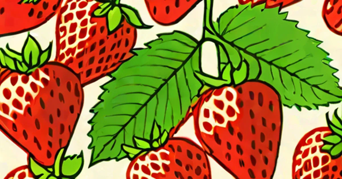 Illustrated red strawberries with green leaves on a pale background