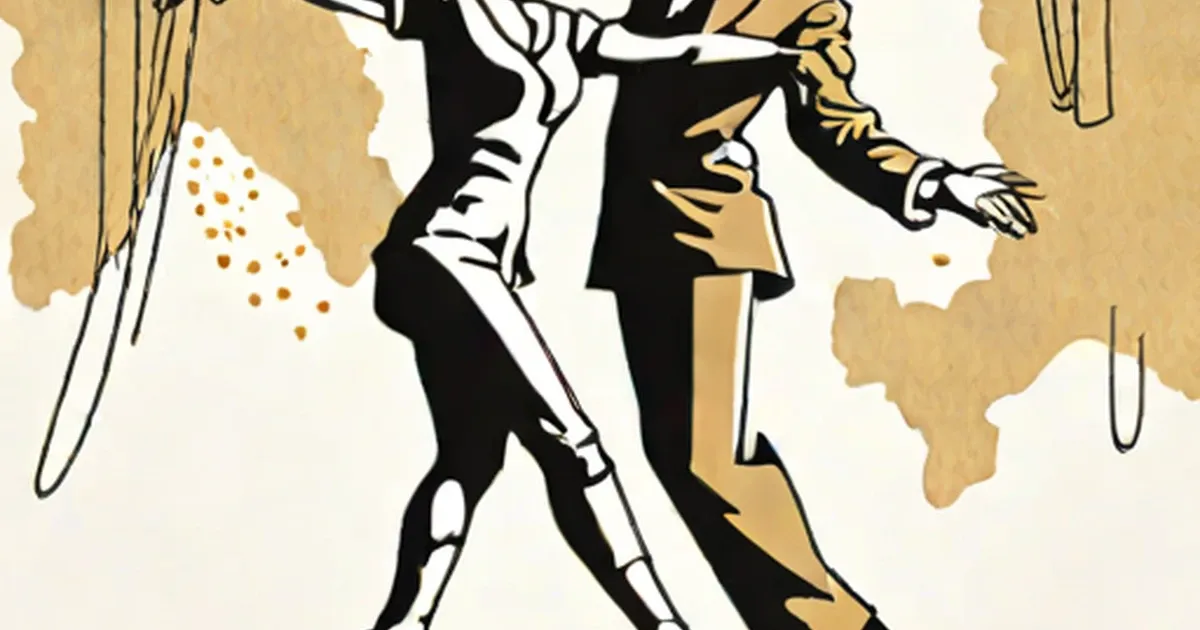 Illustrated tap dancers in formal attire with musical notes on a tan background