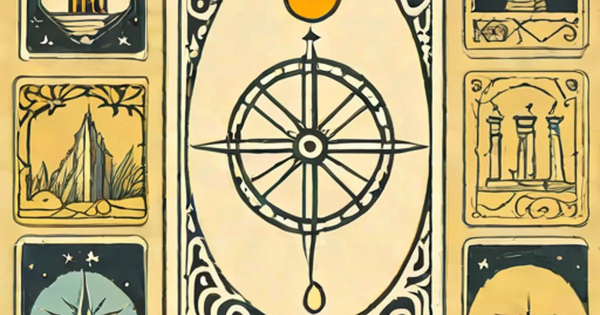 Tarot cards with a center wheel design and surrounding cards showing celestial and symbolic imagery