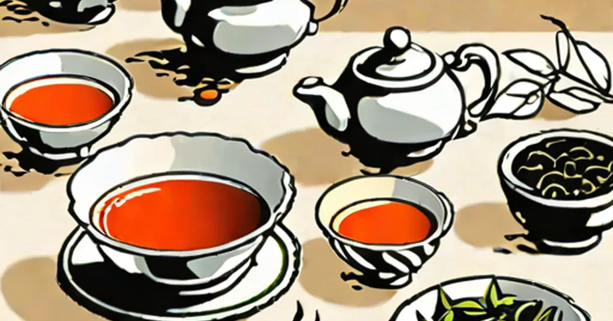 Traditional tea service with multiple cups of red tea and teapot