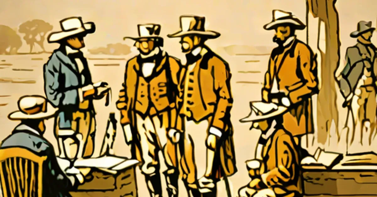 Colonial men in formal yellow and blue coats meeting outdoors