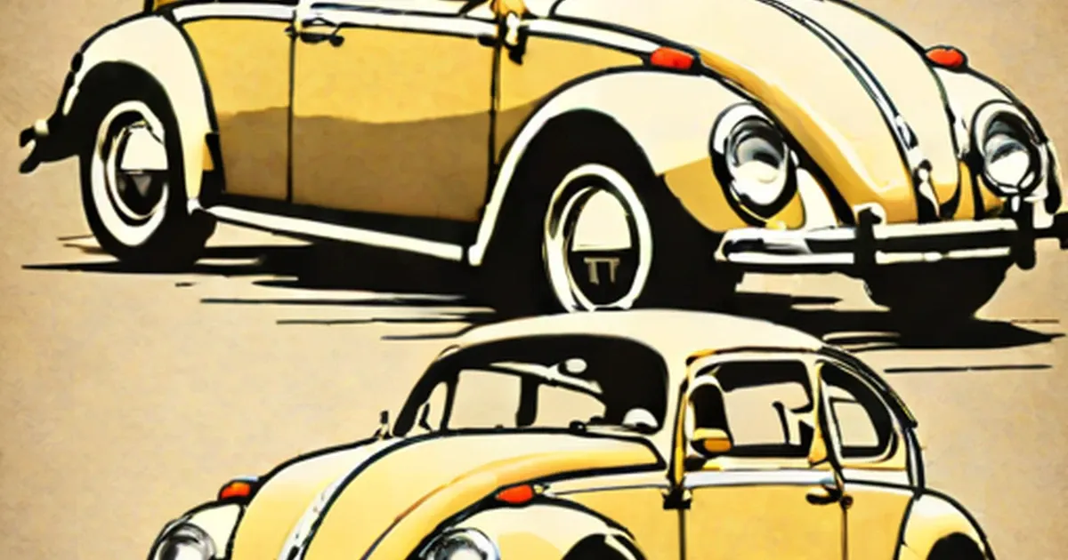 Two yellow Beetles shown in vintage illustration with open door detail