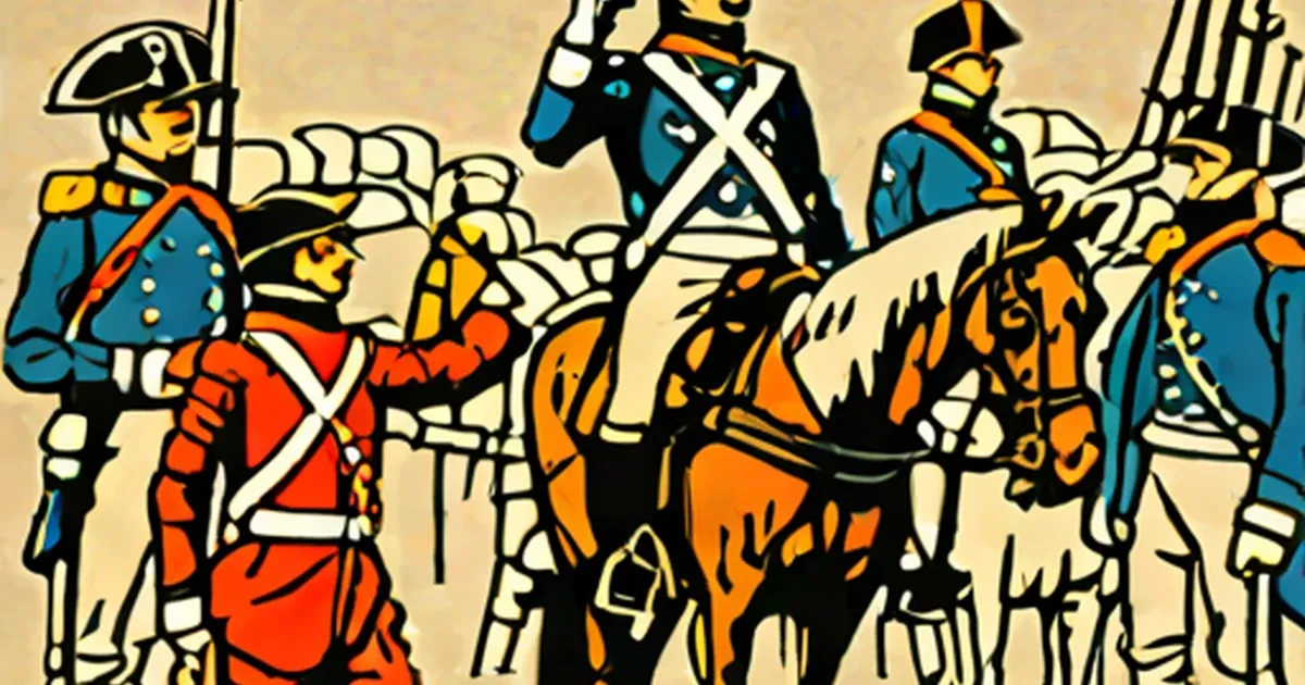 Early 19th-century soldiers in red and blue uniforms with tall hats and rifles