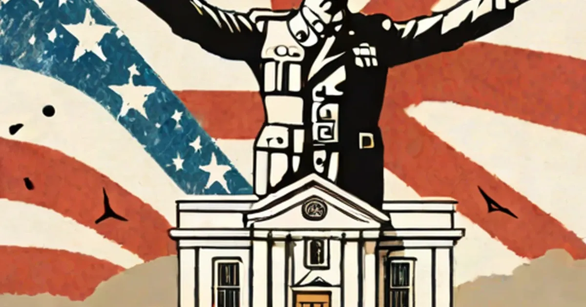 Church building with cross-topped bell tower overlaid on American flag background