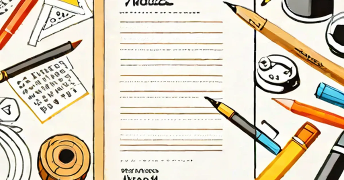 Notepad surrounded by colored pencils, markers, paintbrush, ruler, and palette