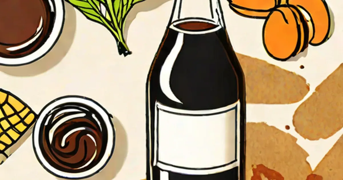 Dark soy sauce bottle surrounded by brown condiment bowls, apricots, scallions, and spices