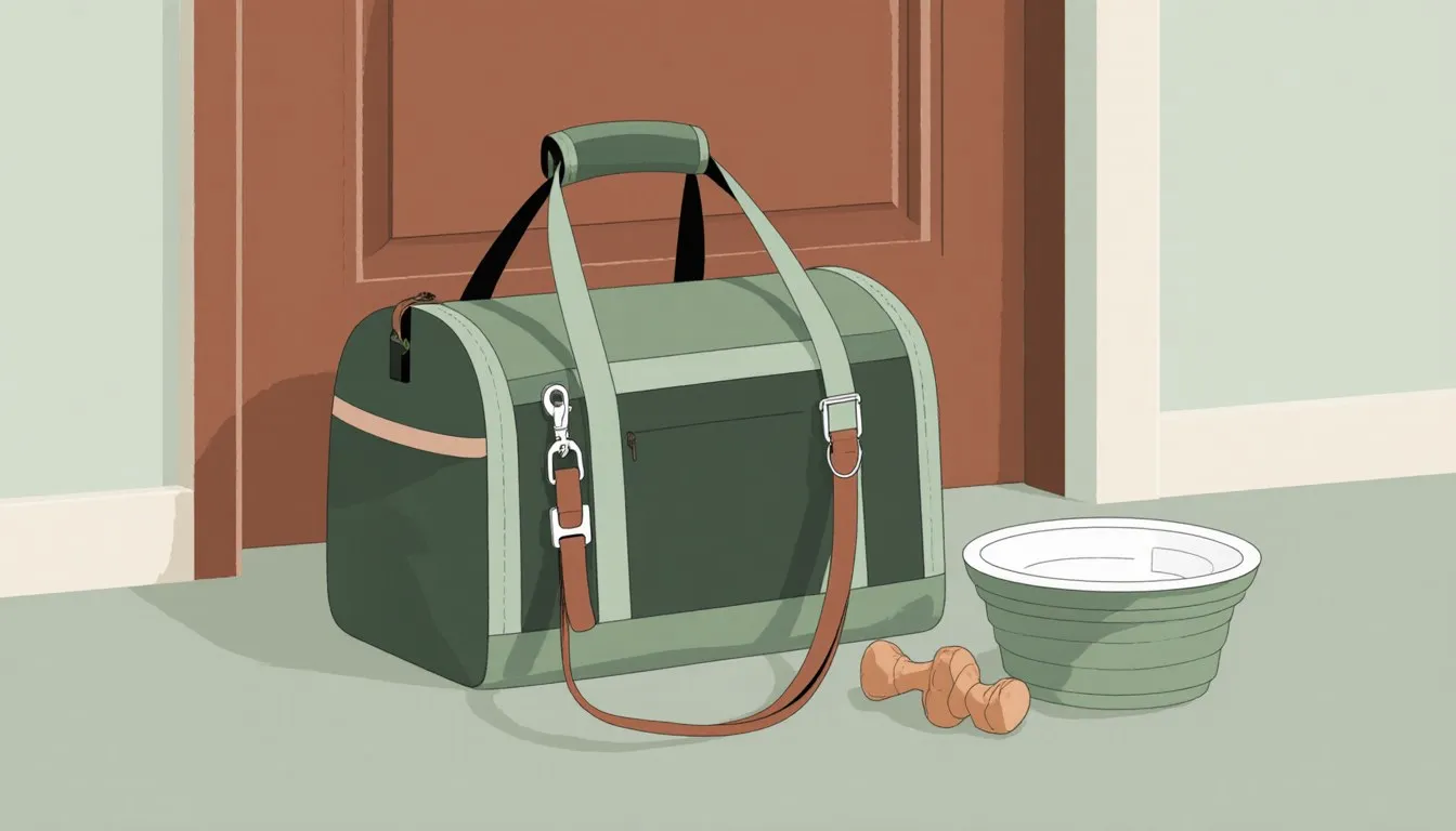 A packed pet travel bag with a leash, collar, collapsible water bowl, and toy ready for a trip