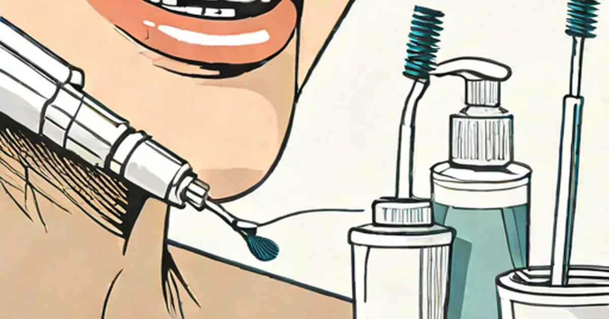 Smiling mouth with toothbrush and jars of natural dental care products