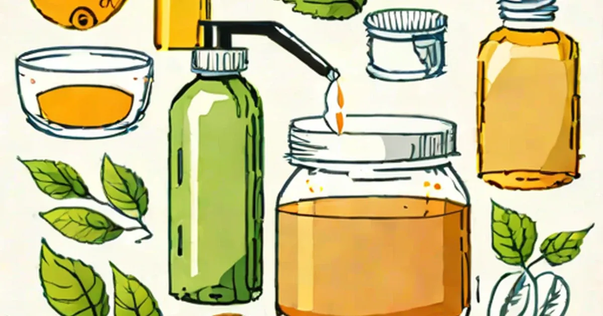 Natural remedy ingredients like herbs, oils, and honey in containers