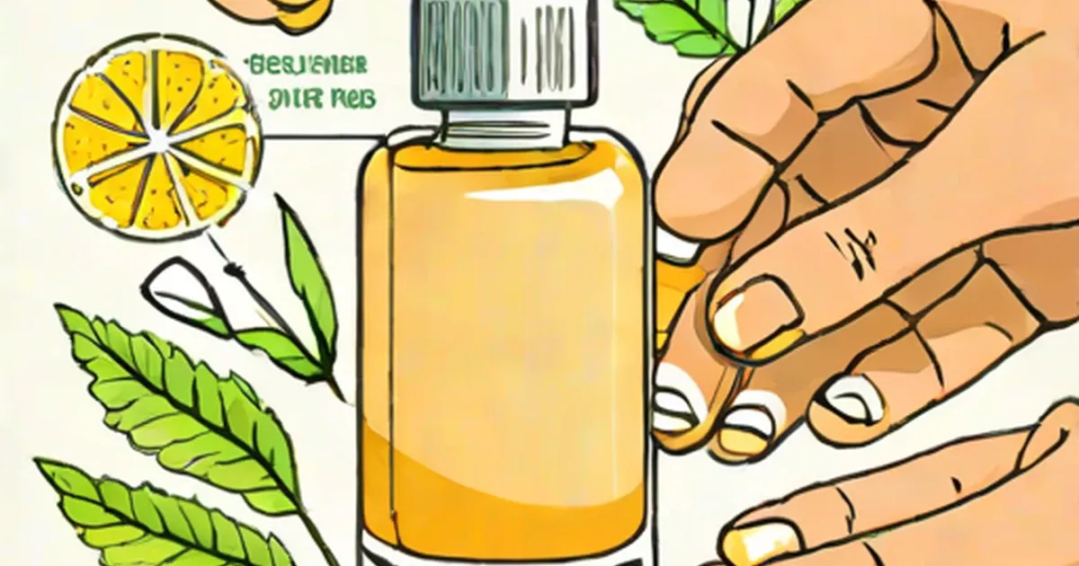 Golden oil bottle with dropper, hand showing toenails, lemon slice, and mint