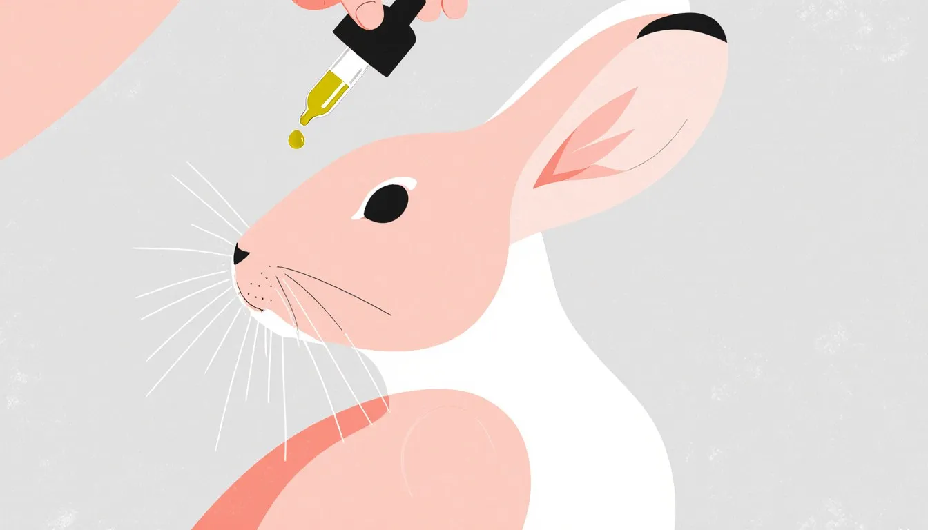 Illustration of a rabbit's upright ear with a dropper releasing oil as a home remedy for ear mites