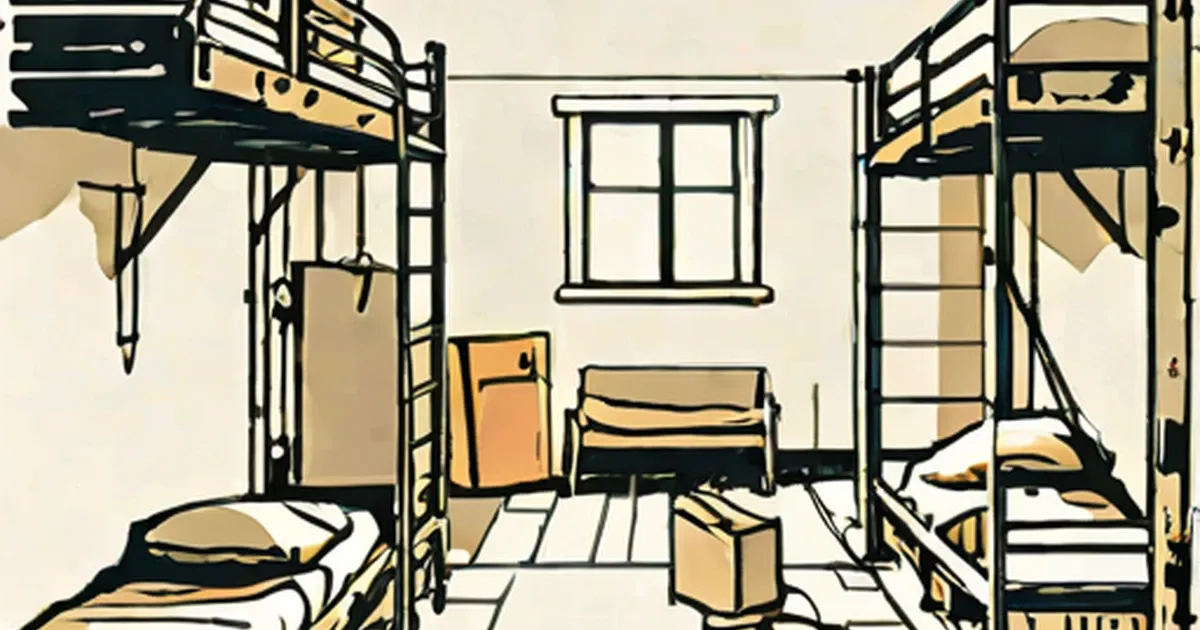 Dormitory interior with metal bunk beds and small window