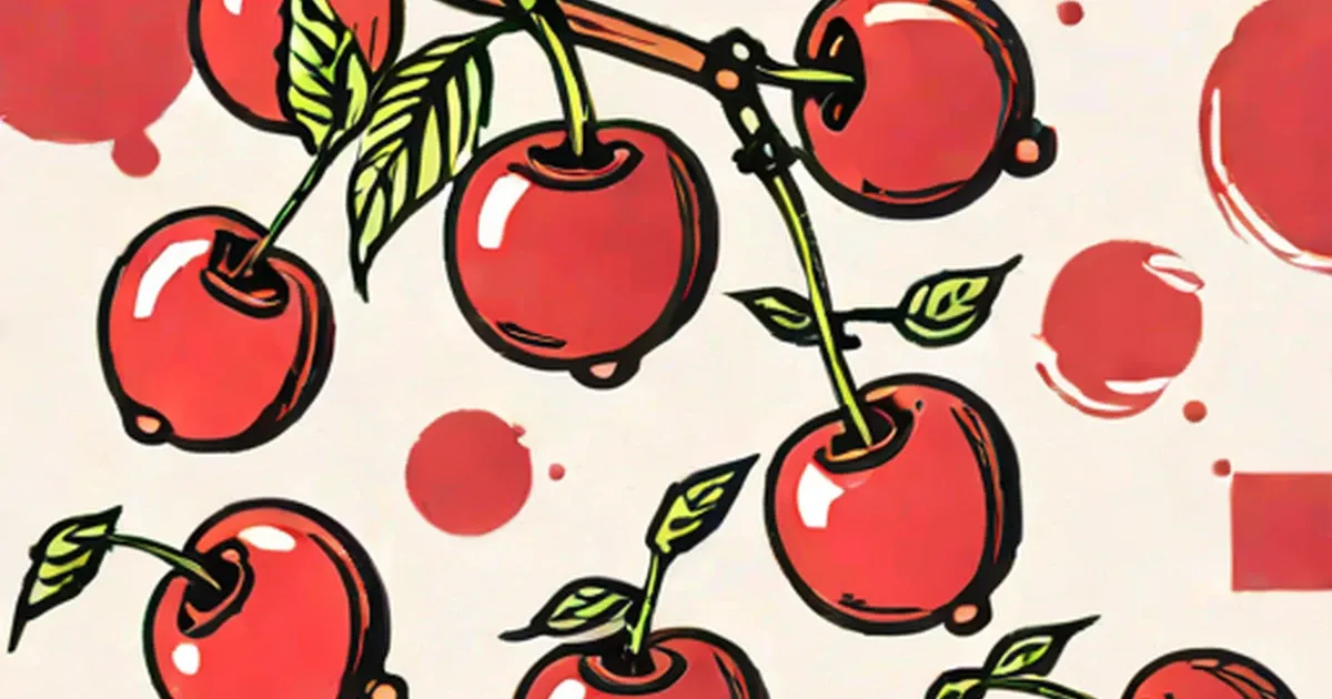 Red illustrated cherries with leaves and stems on a cream background