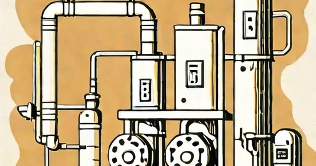 Stylized schematic of an ozone generator with cylindrical vessels, piping, and controls