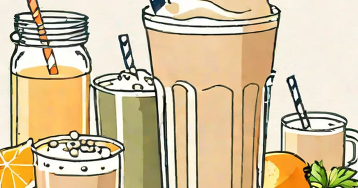 Colorful protein shakes in glasses with straws and fresh fruit toppings