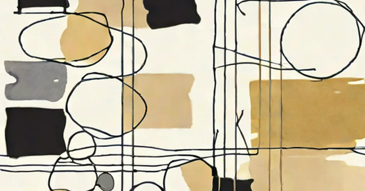 Abstract composition with beige, black, and gray shapes connected by black lines