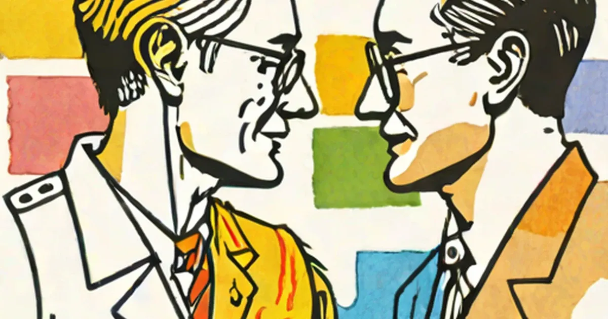 Two men in profile facing each other against a colorful abstract background