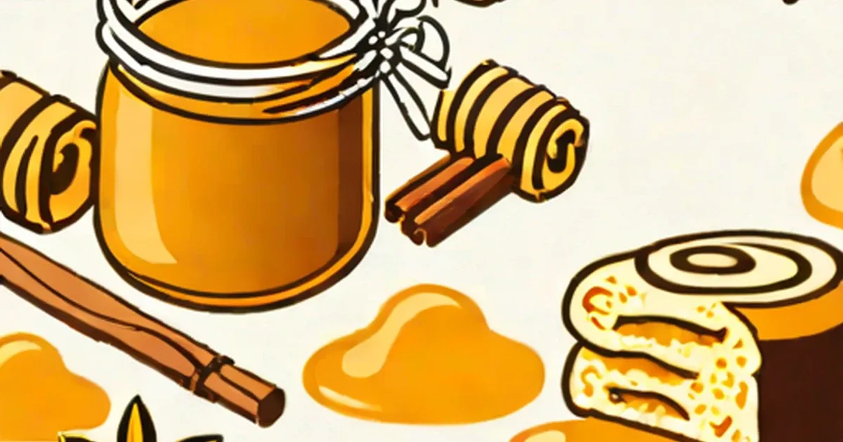 Illustrated jar of honey with cinnamon sticks, dipper, and cinnamon roll